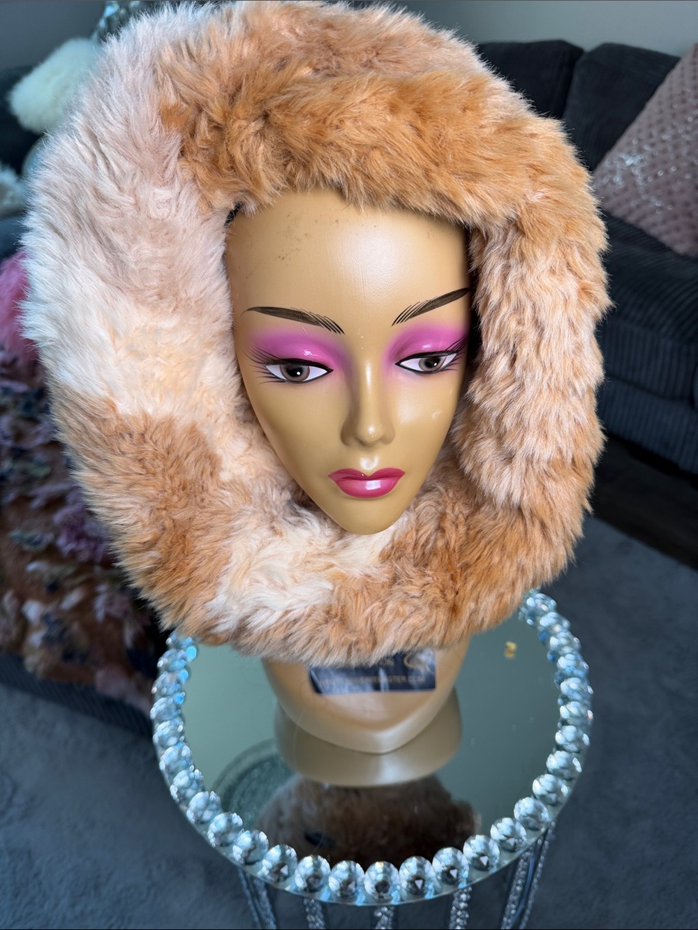 Anthropologie Faux Fur Hooded Scarf in Peachy Tan
